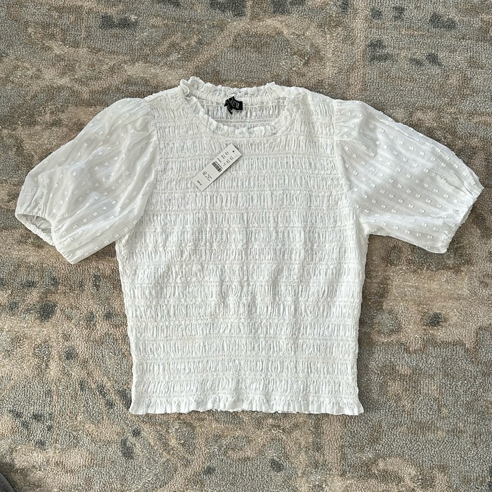 J Crew Puff-sleeve textured voile smocked top Small NWT White